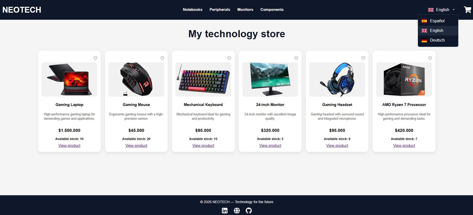 NeoTech - Ecommerce Interfaz en distintos idiomas.